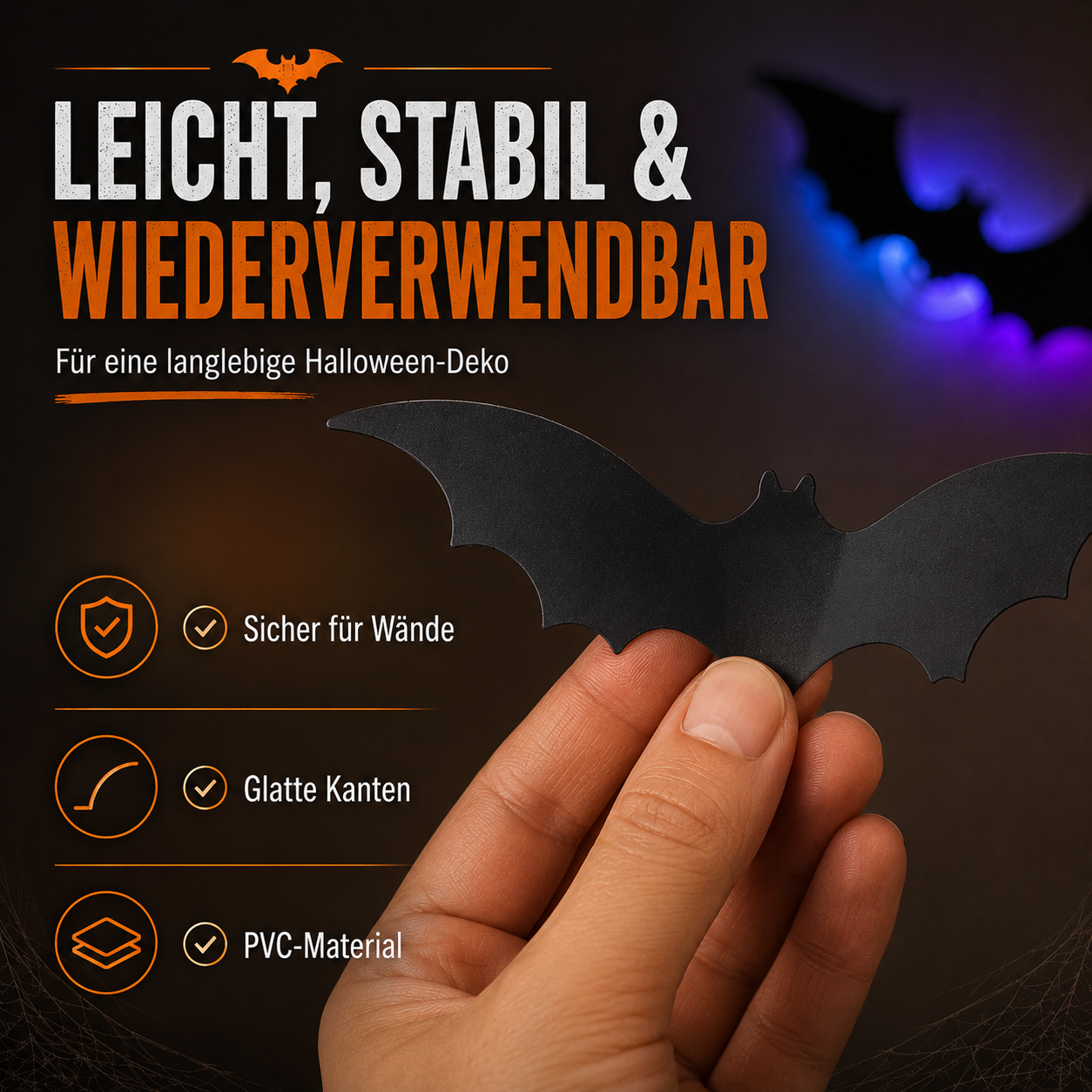 3D LED Halloween Fledermäuse – 12-teiliges Wanddeko-Set mit buntem Leuchteffekt