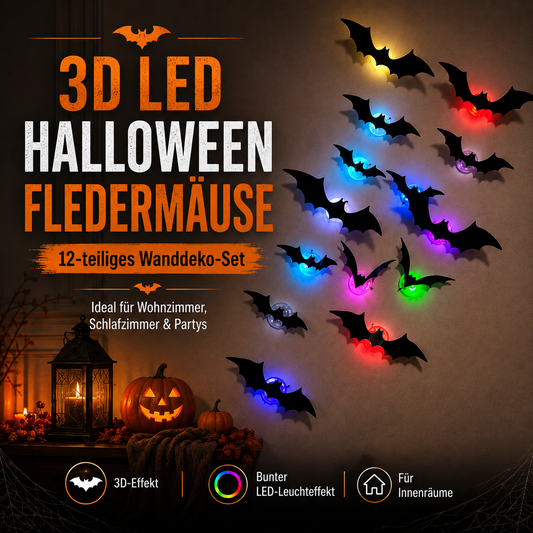 3D LED Halloween Fledermäuse – 12-teiliges Wanddeko-Set mit buntem Leuchteffekt