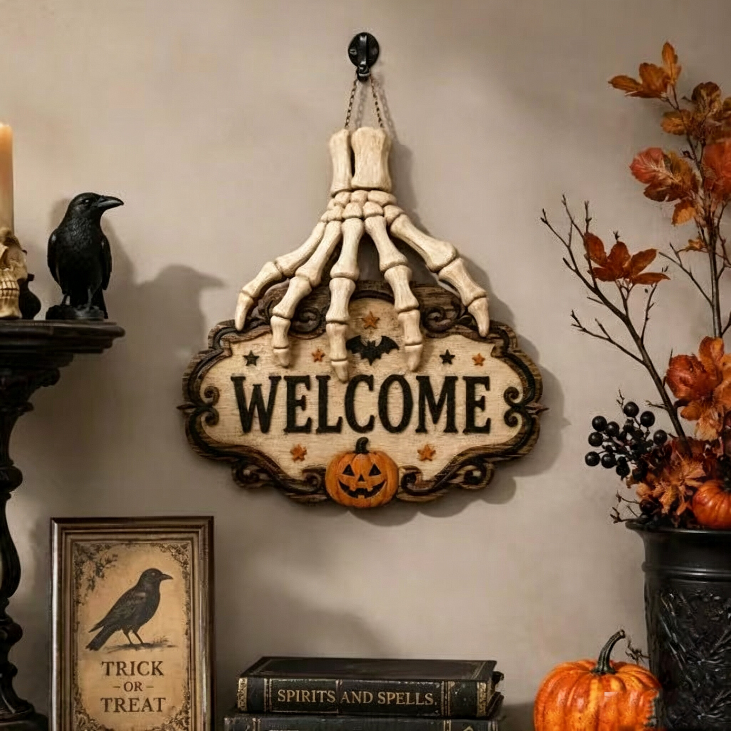 💀🖐️ Limited Time 50% OFF🔥 Skeleton Hand Welcome Sign | Creepy Halloween Door Hanging Decoration