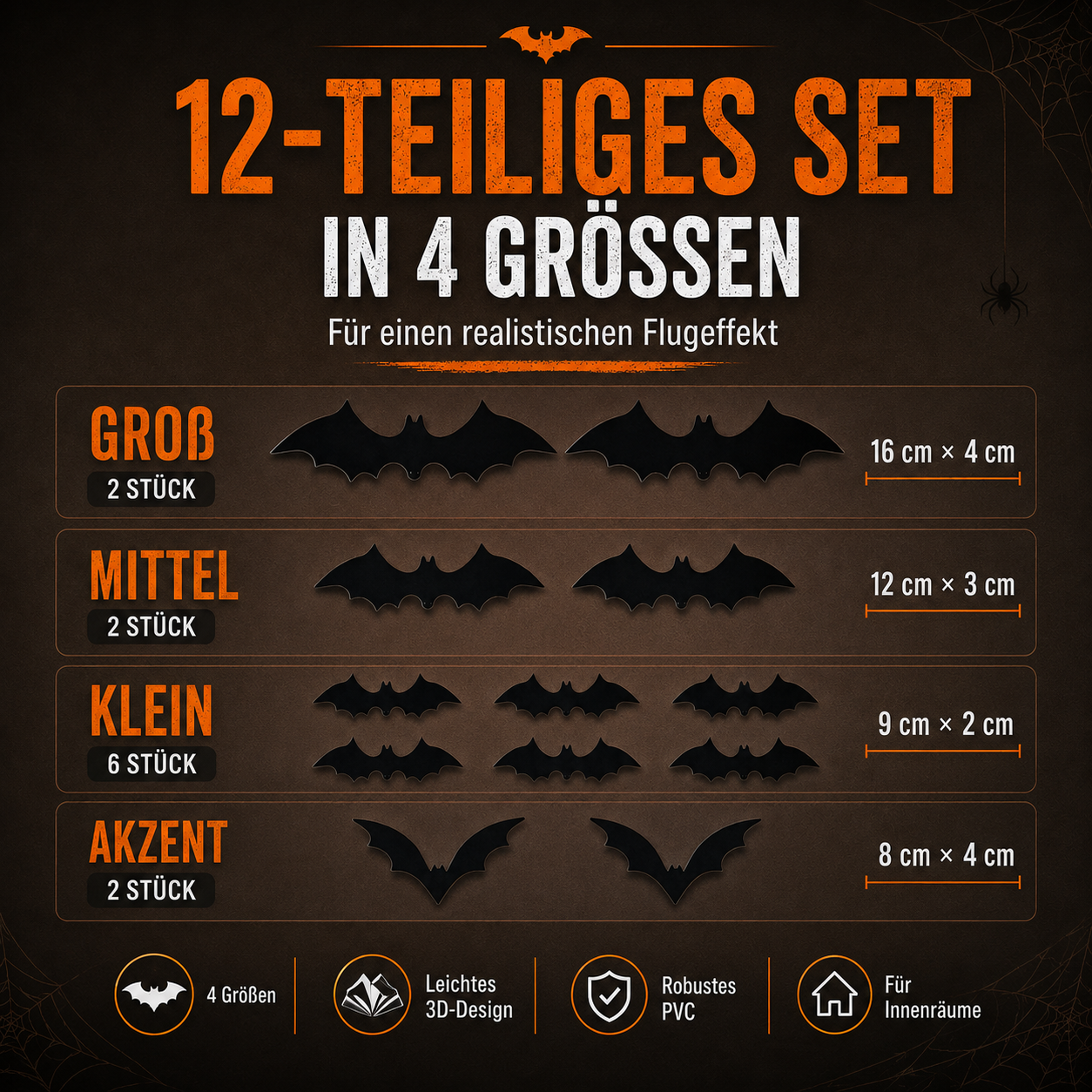 3D LED Halloween Fledermäuse – 12-teiliges Wanddeko-Set mit buntem Leuchteffekt