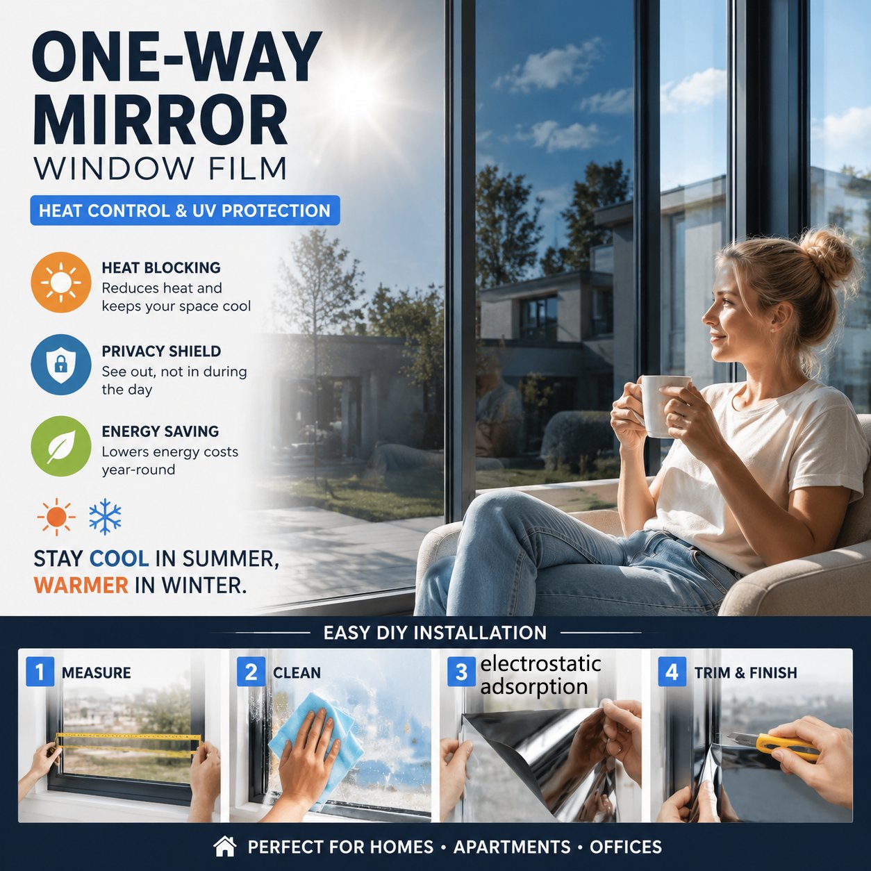 ☀️ One-Way Privacy Window Film 🪟 Block Heat, UV Rays & Prying Eyes & Comfort All Day