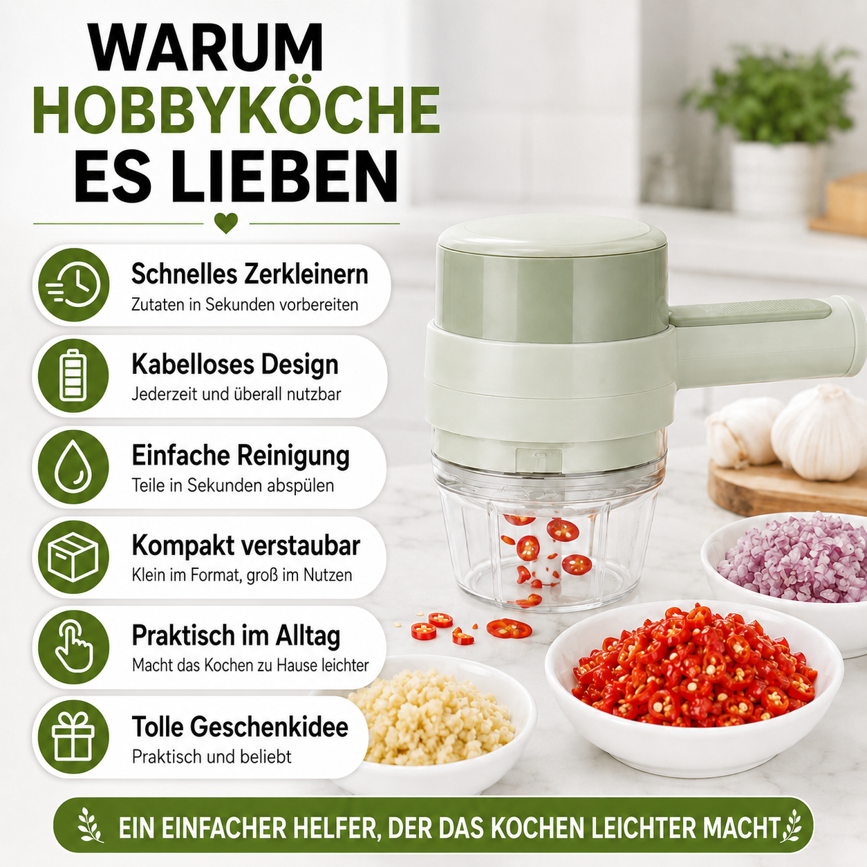 4-in-1 Elektrischer Gemüseschneider – Kabelloser Küchenhelfer