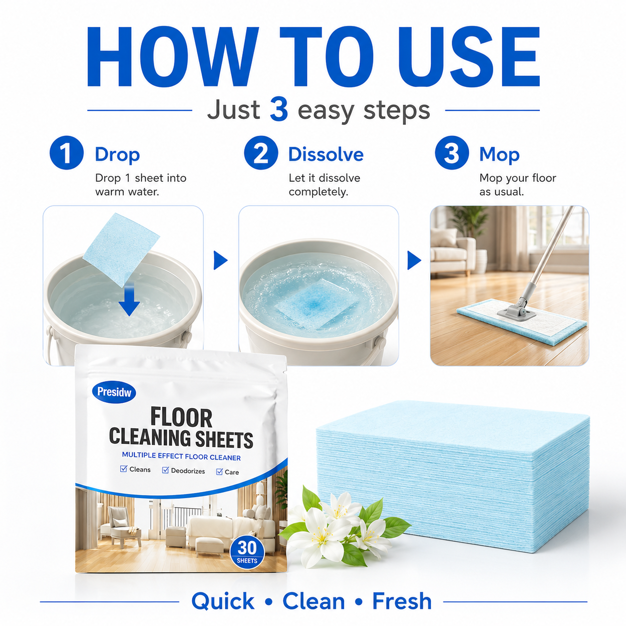 Multi-Purpose Floor Cleaning Sheets – One Sheet Cleans, Freshens & Saves Space