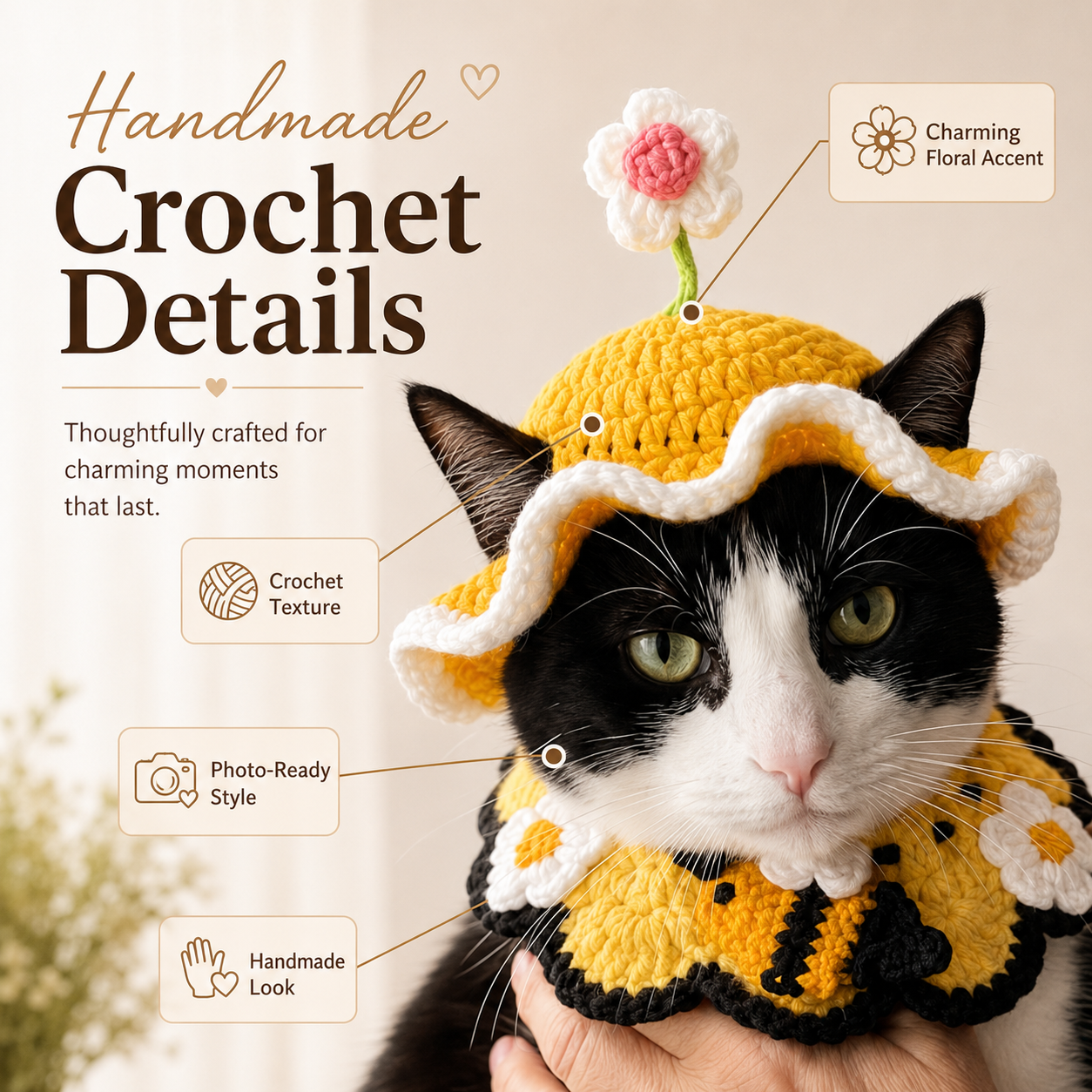 Handgemachtes Häkel-Set für Katzen – Häubchen & Kragen in 6 Designs