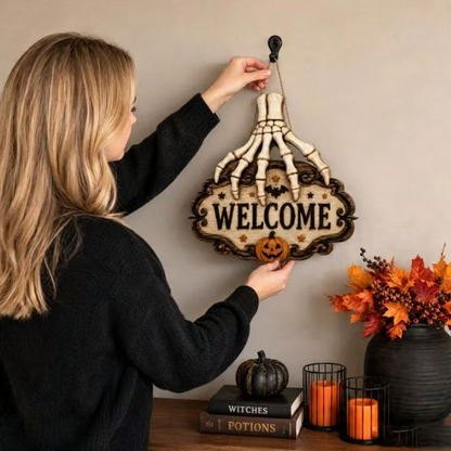 💀🖐️ Limited Time 50% OFF🔥 Skeleton Hand Welcome Sign | Creepy Halloween Door Hanging Decoration