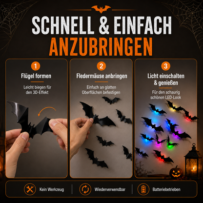 3D LED Halloween Fledermäuse – 12-teiliges Wanddeko-Set mit buntem Leuchteffekt
