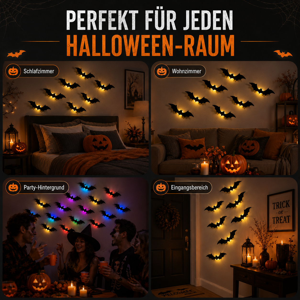 3D LED Halloween Fledermäuse – 12-teiliges Wanddeko-Set mit buntem Leuchteffekt