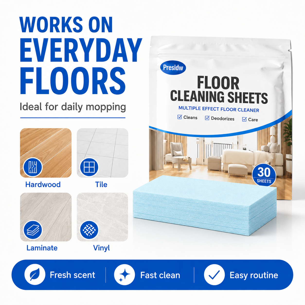 Multi-Purpose Floor Cleaning Sheets – One Sheet Cleans, Freshens & Saves Space