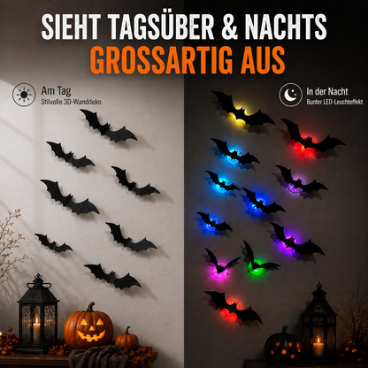 3D LED Halloween Fledermäuse – 12-teiliges Wanddeko-Set mit buntem Leuchteffekt