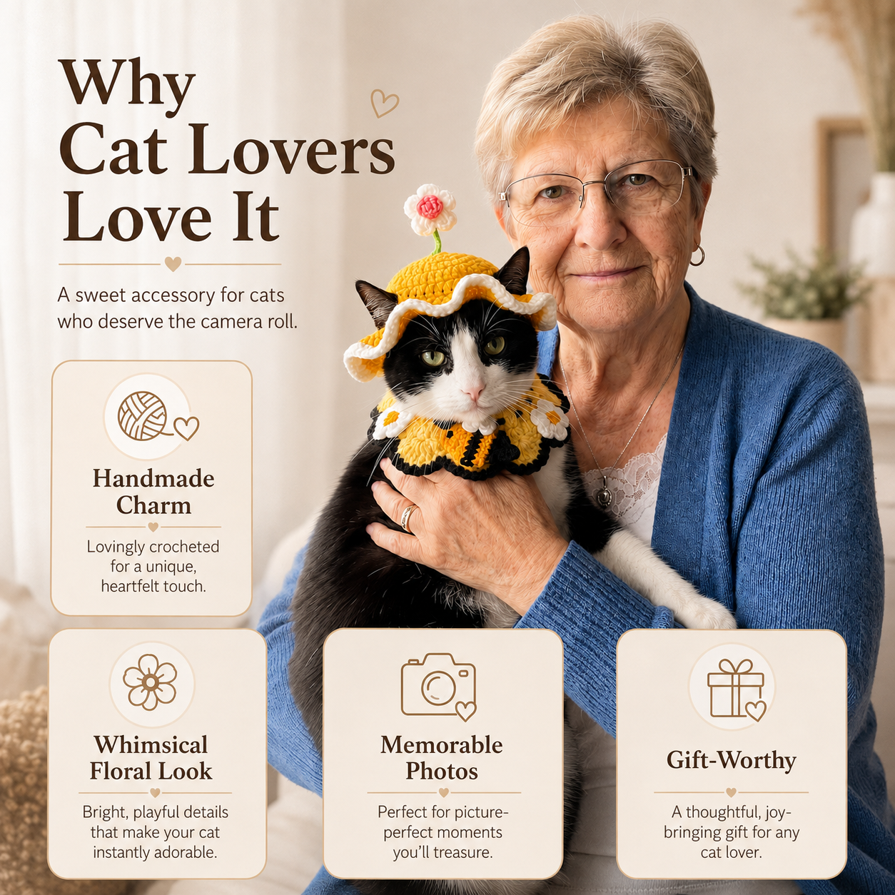 Handgemachtes Häkel-Set für Katzen – Häubchen & Kragen in 6 Designs
