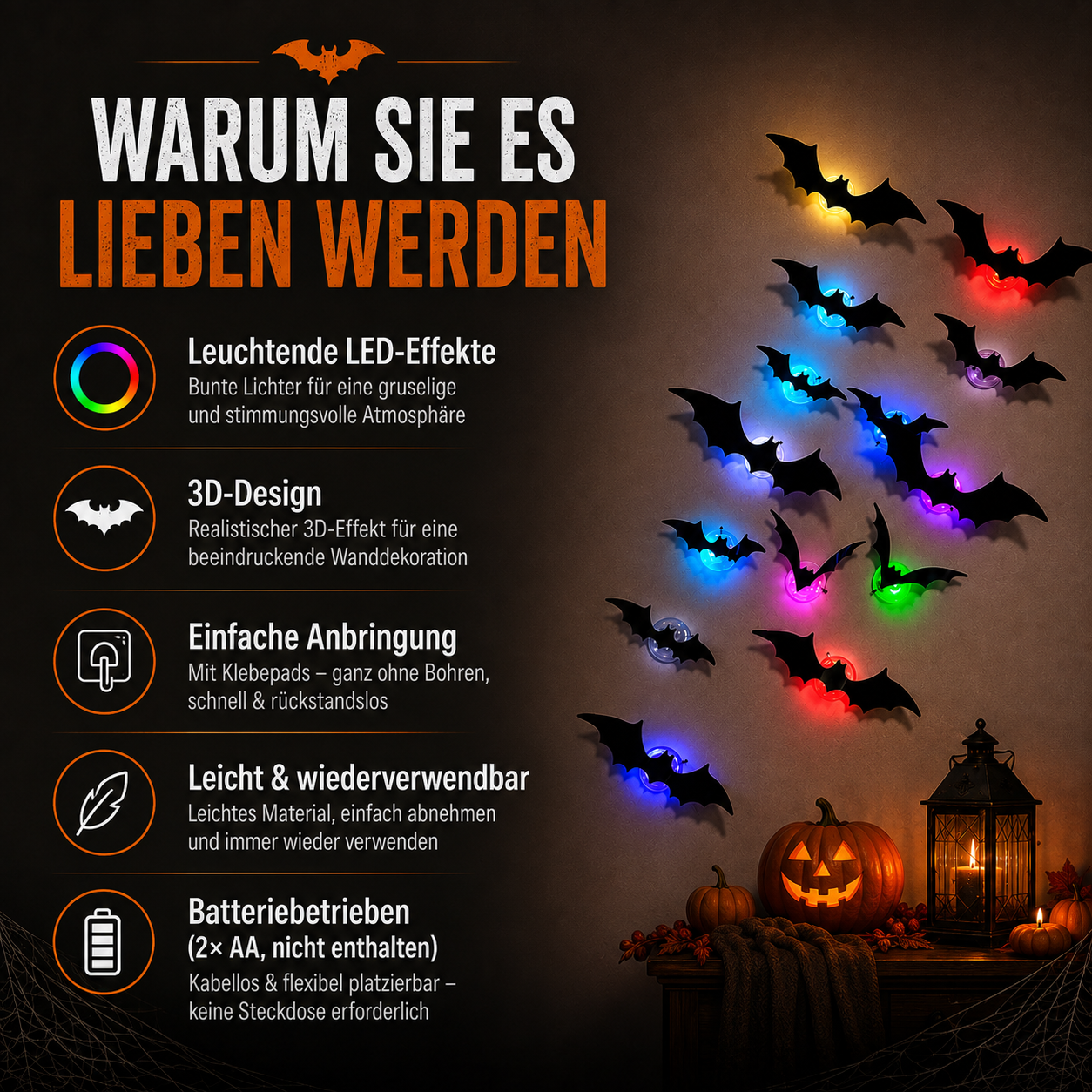 3D LED Halloween Fledermäuse – 12-teiliges Wanddeko-Set mit buntem Leuchteffekt