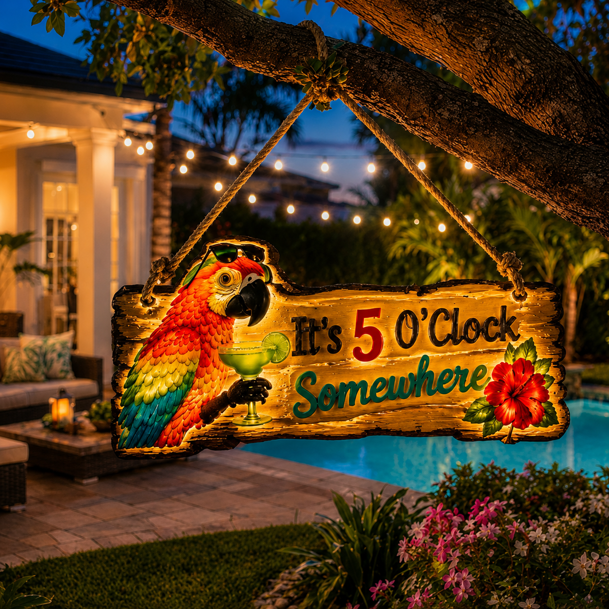 It's 5 O'Clock Somewhere Parrot wall art 🦜– Tropical Patio Wall Deco🍹