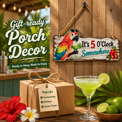 It's 5 O'Clock Somewhere Parrot wall art 🦜– Tropical Patio Wall Deco🍹