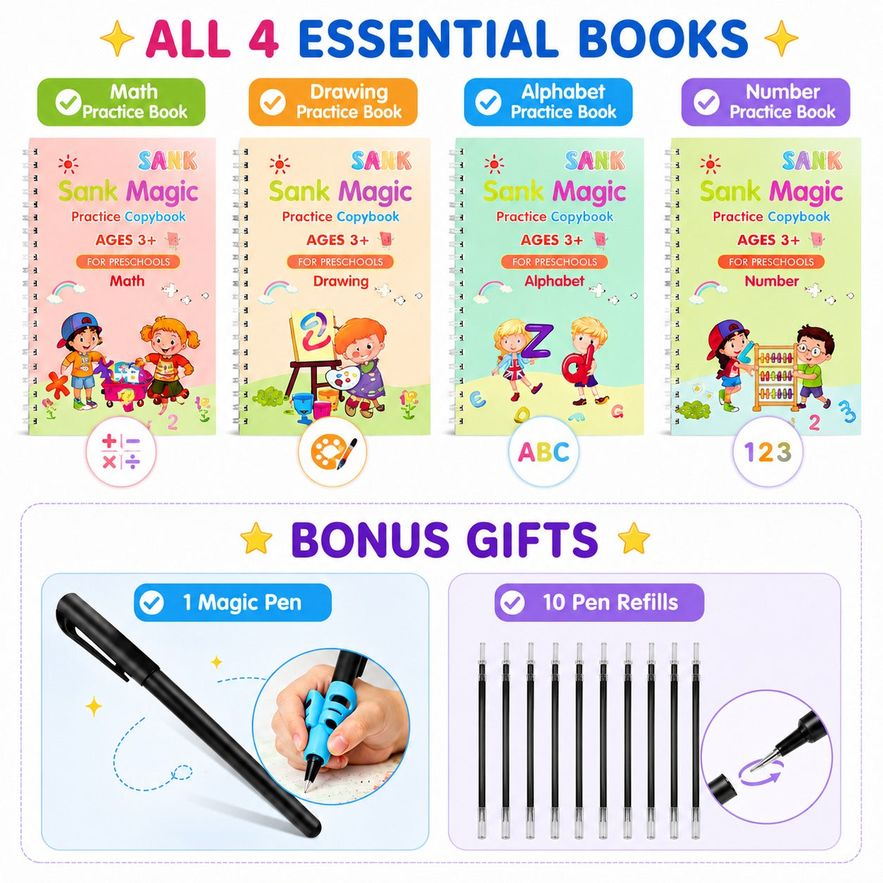 Reusable Grooved Handwriting Practice Books for Kids – 4-Book Set