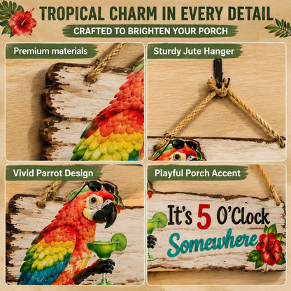 It's 5 O'Clock Somewhere Parrot wall art 🦜– Tropical Patio Wall Deco🍹